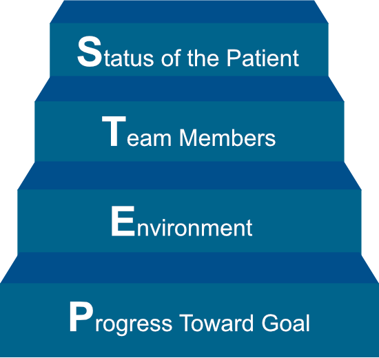 S: status of the patient, t: team members, e: environment, p: progress toward goal
