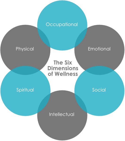 The six dimensions of wellness. Occupational, emotional, social, intellectual, spiritual, physical