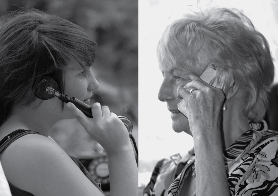 Young and older woman on the telephone. Image description available.