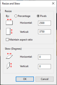 Screenshot of Resize and skew menu option in Windows Paint