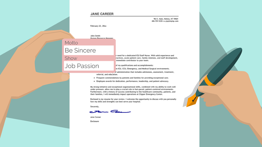 Cartoon of a person writing a cover letter with the captions, "Be Sincere" and "Job Passion"