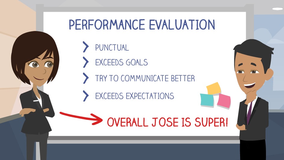 A man and woman in business suits stand in the foreground on either end of the image. Behind them is a large slide with the following written on it “Performance Evaluation: Punctual, Exceeds Goals, Try to Communicate Better, Exceeds Expectations. Overall Jose is Super!”