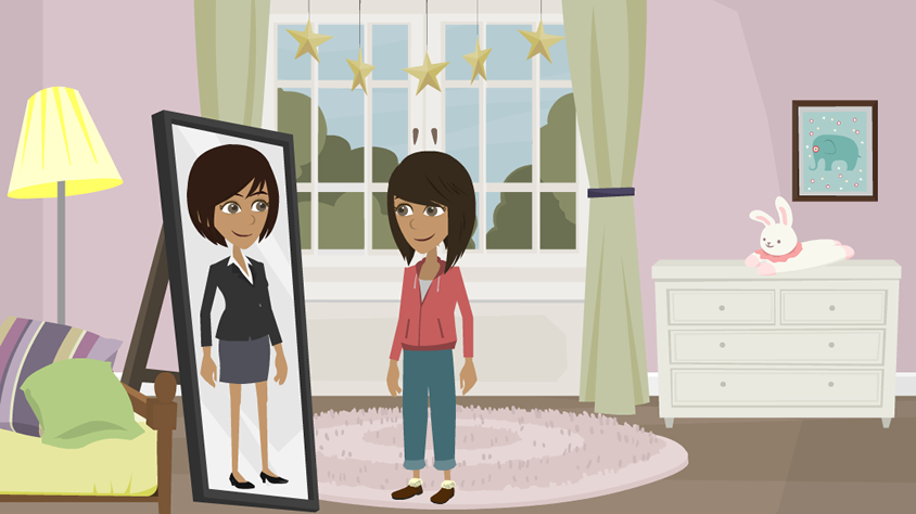 Jane as a student standing in front of a full-length mirror looking at her reflection, except her reflection is of Jane dressed in a suit.
