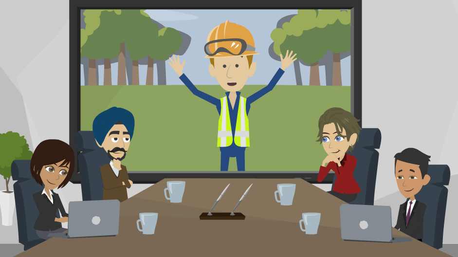 Four people sit around a boardroom table while on a screen a man in a hard hat stands with his arms raised.