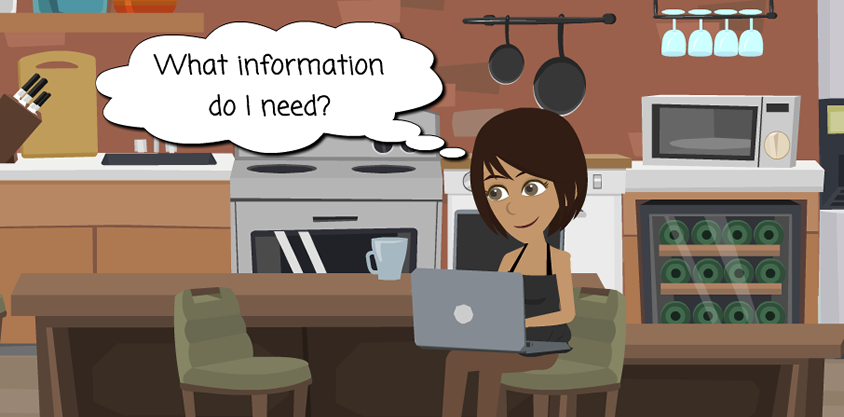 Jane Career is sitting at her laptop at her dining table with a thought bubble asking, “What information do I need?”
