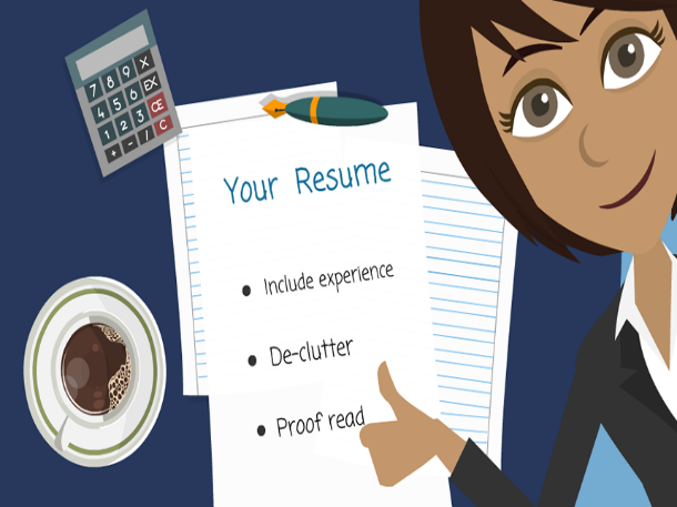 Jane is pointing to a resume on her desk with 3 key points that states, "Include experience, de-clutter, and proof read."