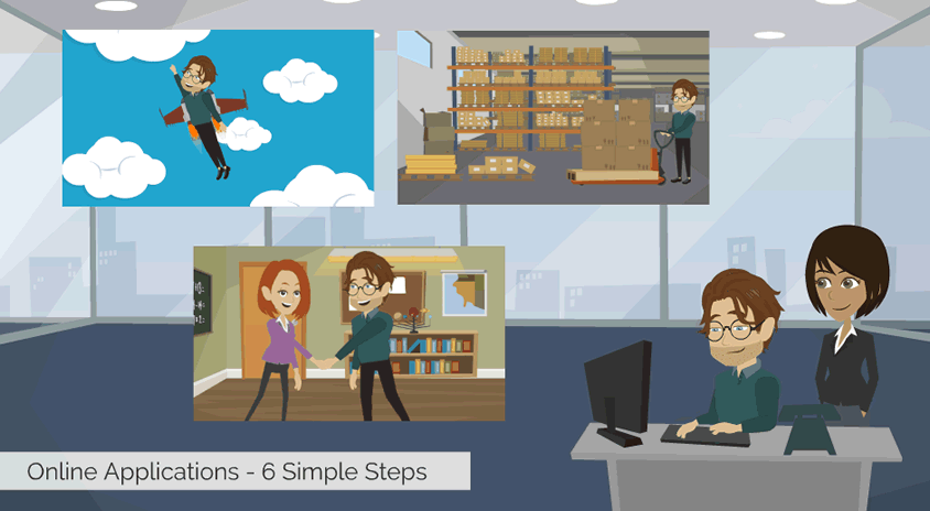 Different pictures of cartoons applying online, with the caption, "Online Applications-6 Simple Steps".