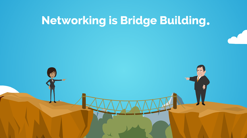 Jane stands on one cliff and a potential employer stand on another cliff. A rope bridge is hanging between the 2 cliffs with the caption, "Networking is bridge building."