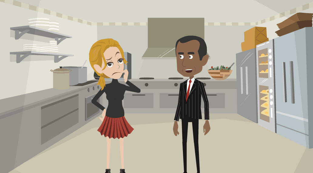 A woman named Daisy stands in a commercial kitchen looking surprised, speaking with a man in a suit.