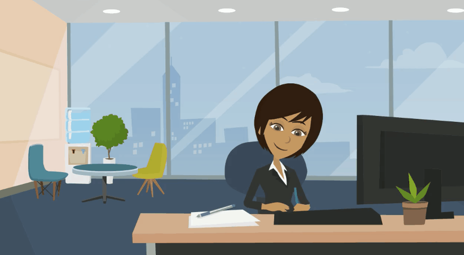 Jane Career, a smiling woman in a business suit, sits at a desk and is writing on a piece of paper. The animation cuts to a chart with 3 columns whose titles are Factor, What it Means for Me and Action.