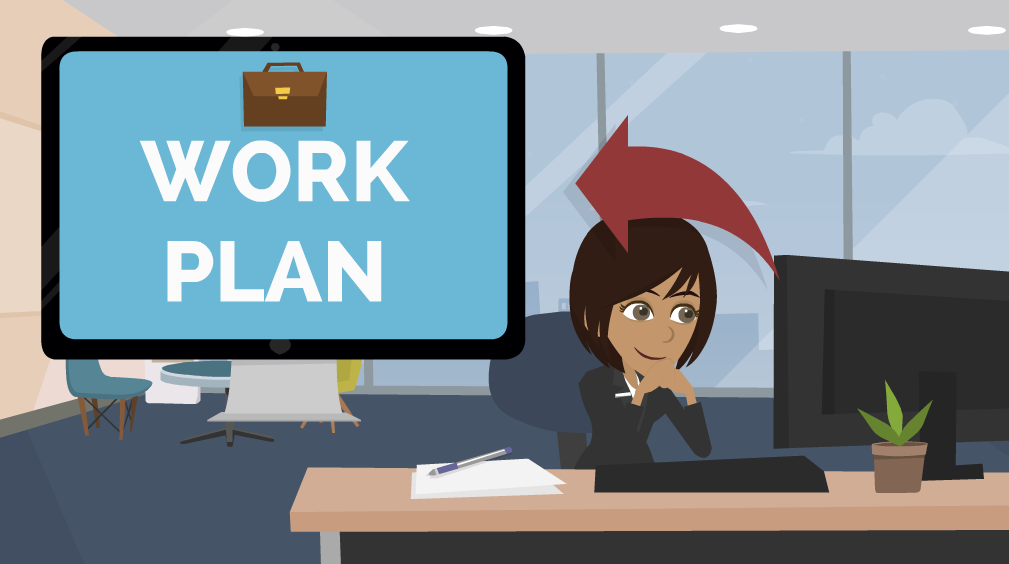 A woman is sitting behind her desk in an office. There is an arrow from her computer screen that points to a box, representing what she is looking at on her screen. The screen has an image of a suitcase on it with the words “Work Plan” on it.