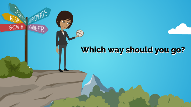Jane Career stands on a cliff holding a compass. The caption reads, " Which way should you go?"