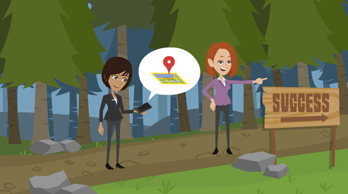 Two women are in a forest with a map to guide them on their career journey.