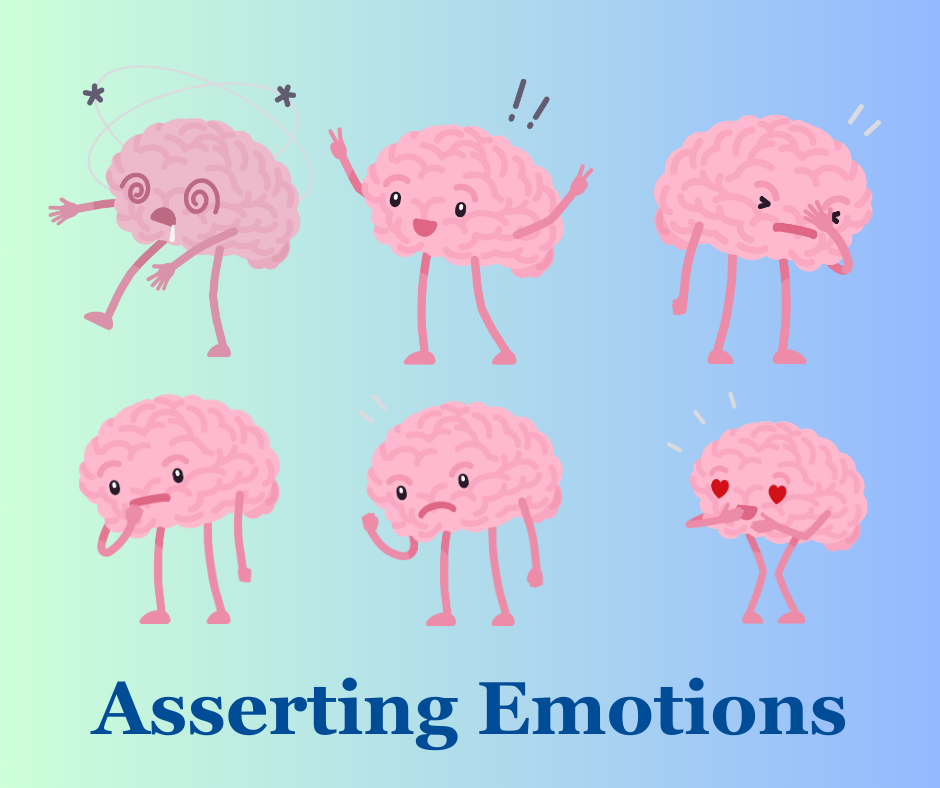Six pictures of expressive brains, radiating different emotions, with the heading, " Asserting Emotions."