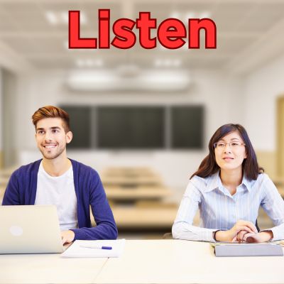 Two students sit in a classroom listening attentively. The word "Listen" is written at the top of the image.