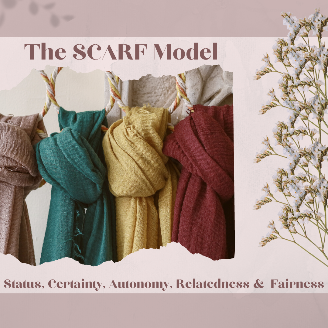Decorative illustration of scarves. There are two captions: One is "The SCARF Model" and the other is " Status, Certainty, Autonomy, Relatedness & Fairness."