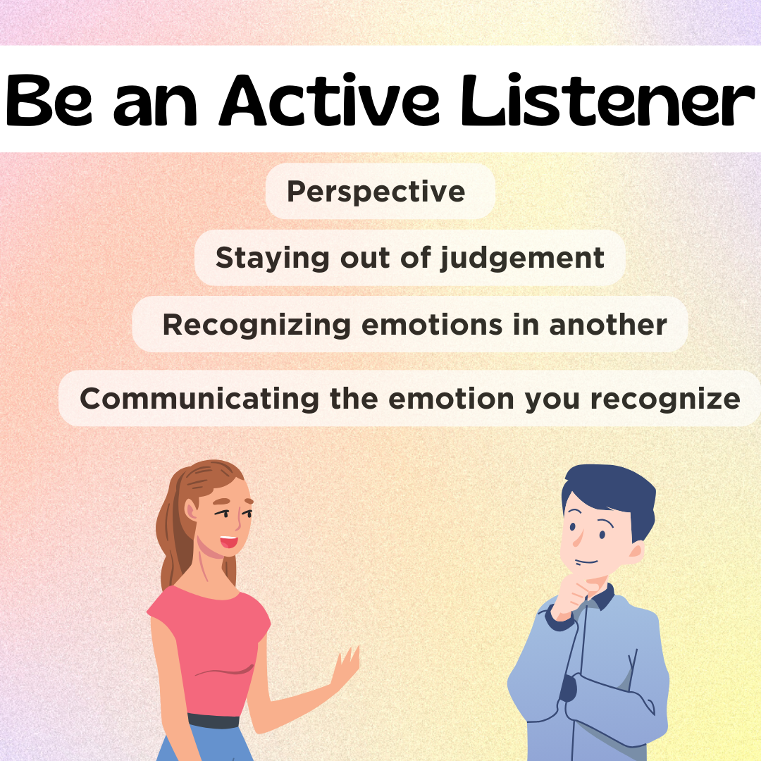 Two people facing each other, one is talking and the other one listening. The title of the image is "Be an Active Listener". These words are on the image as well: "Perspective, Staying out of judgement, Recognizing emotions in another and communicating the emotion you recognize."