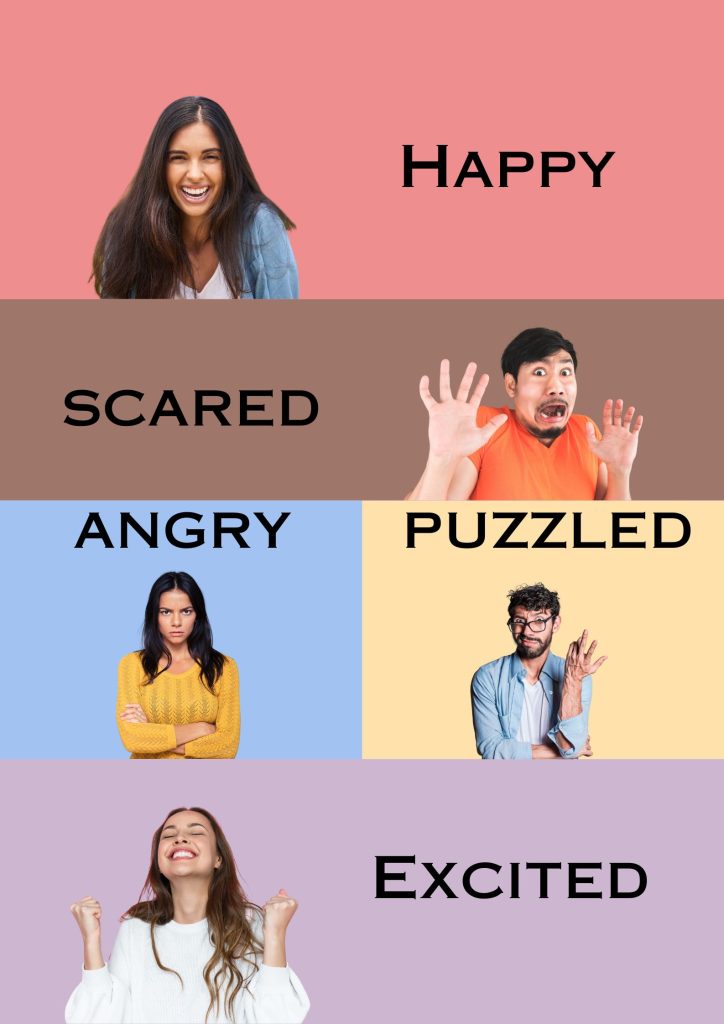 Image of different people showing the non verbal emotion of: happy, scared, angry, puzzled and excited.