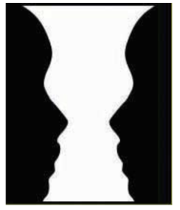 An image of an optical illusion: The picture is in black and white. The silhouette of two face profiles are facing each other in black. The white in-between the two faces looks likes a goblet.